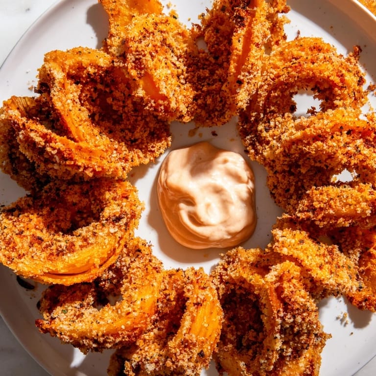 Enjoy these shareable onion petals, a delicious appetizer with a flavorful spicy dipping sauce!