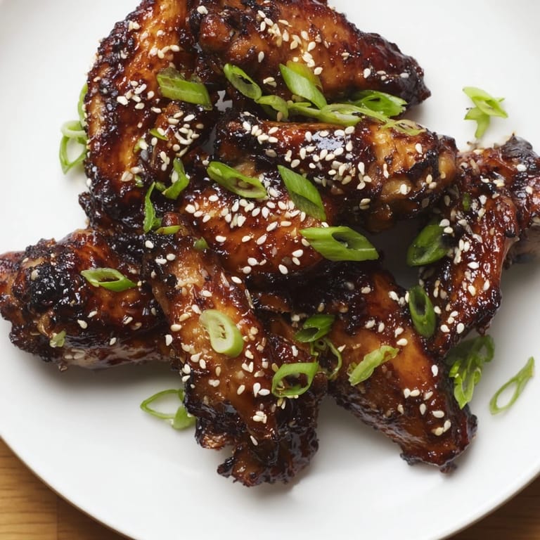 Platter of caramelized Asian Sticky Wings, with visible sesame seeds and green onions, offering a sweet and savory bite.