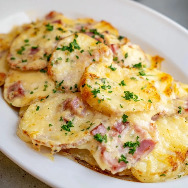 Warm, homemade Scalloped Potatoes with Ham, richly textured and topped with melted cheese, perfect for a gathering.