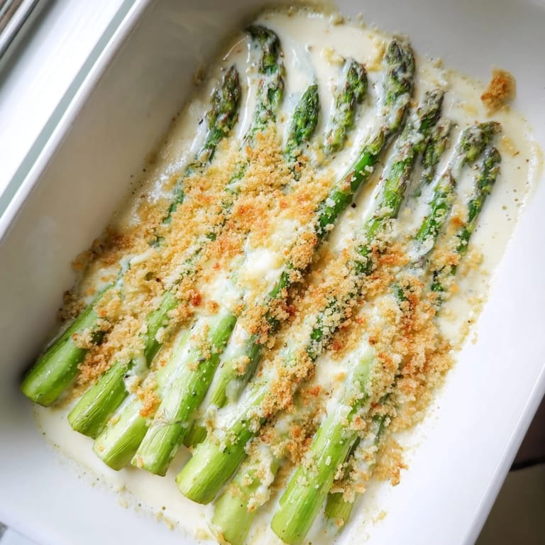 Creamy Asparagus Casserole, featuring tender asparagus and a rich Gruyère cheese sauce, perfect for dinner.