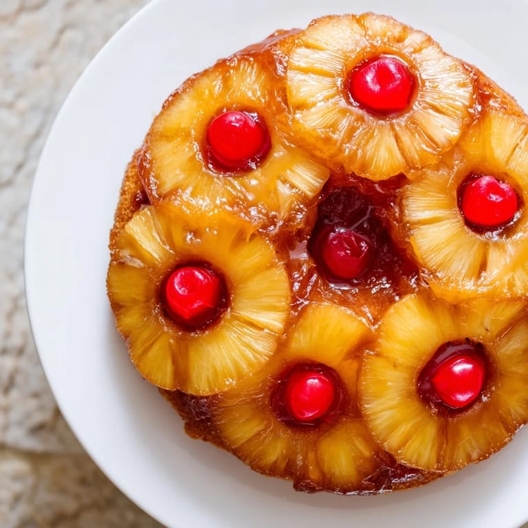 Buttery Pineapple Upside-Down Cake, perfectly inverted to reveal a vibrant, golden pineapple topping.