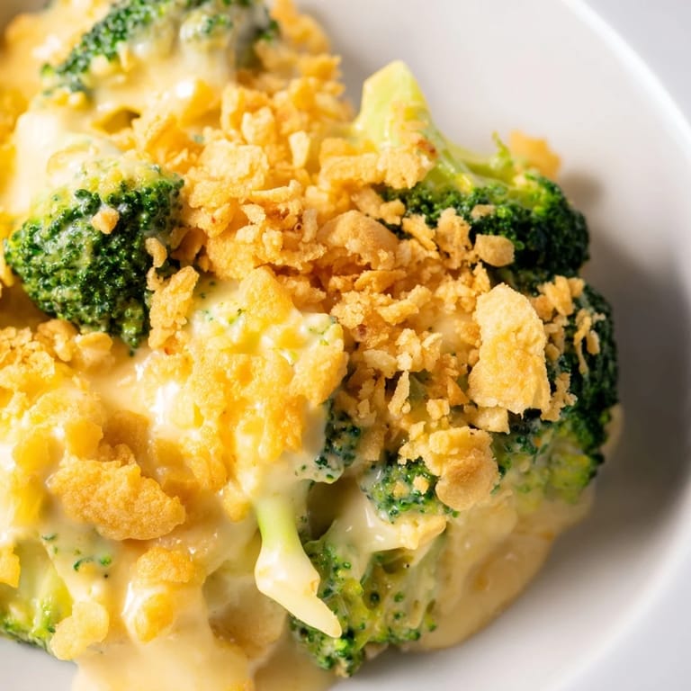 A close-up of creamy Broccoli Casserole, showing tender broccoli and melted cheese bubbling from the oven.