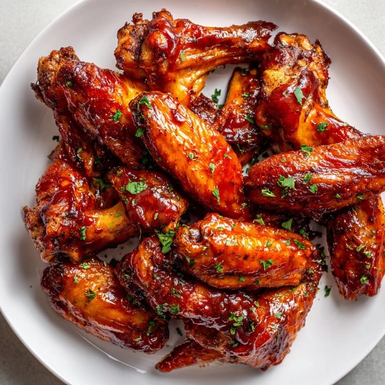 Close-up of crispy Honey BBQ Chicken Wings, showcasing a perfectly caramelized, flavorful glaze.