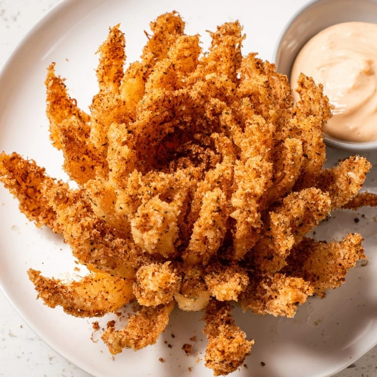 Perfectly cooked Blooming Onion, featuring crispy petals, ready to be enjoyed with friends and a cool drink.