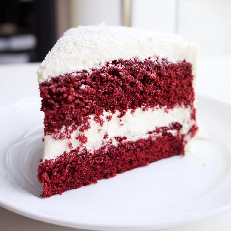 Creamy cream cheese frosting covers this towering Red Velvet Cake, perfect for celebrations.