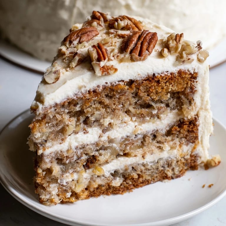 A beautifully frosted Hummingbird Cake, garnished with toasted pecans, ready for a delicious serving.