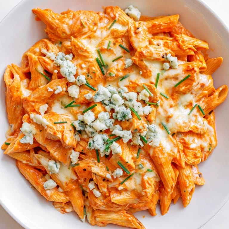 A skillet of Buffalo Chicken Pasta with tender shredded chicken and penne, tossed in a vibrant, spicy orange sauce.