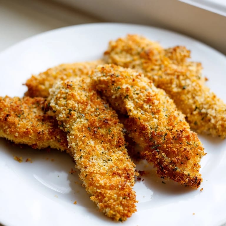 Oven-baked Crispy Panko Chicken Strips with herbed breadcrumbs, showing a juicy interior and golden crunch.