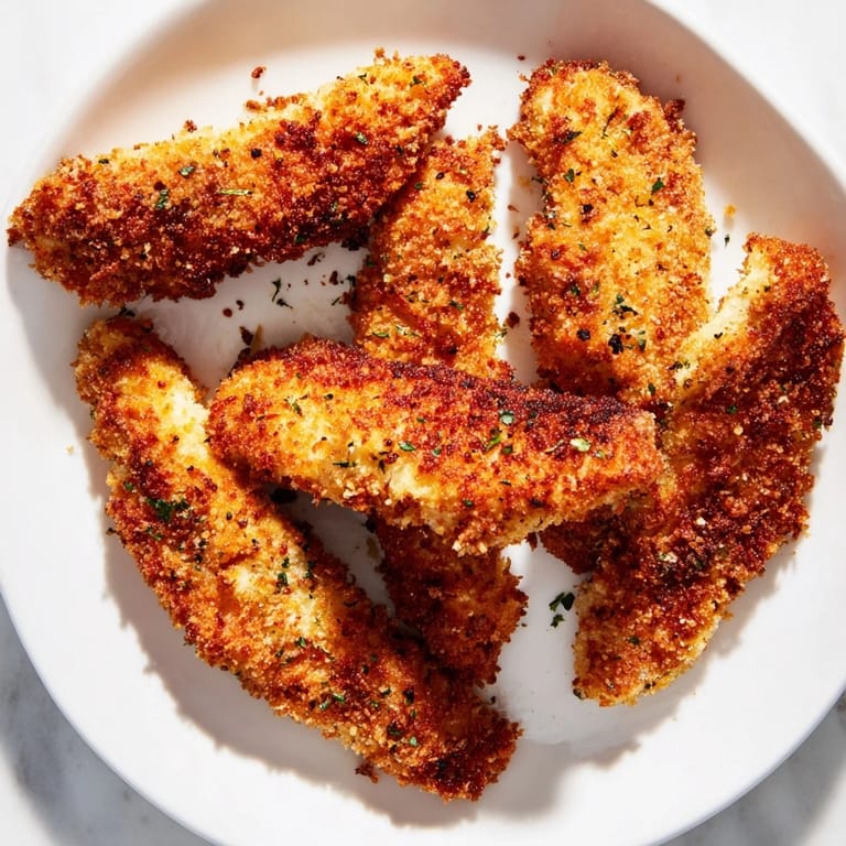 Family-style platter of Crispy Panko Chicken Strips paired with a fresh green salad and lemon wedges.