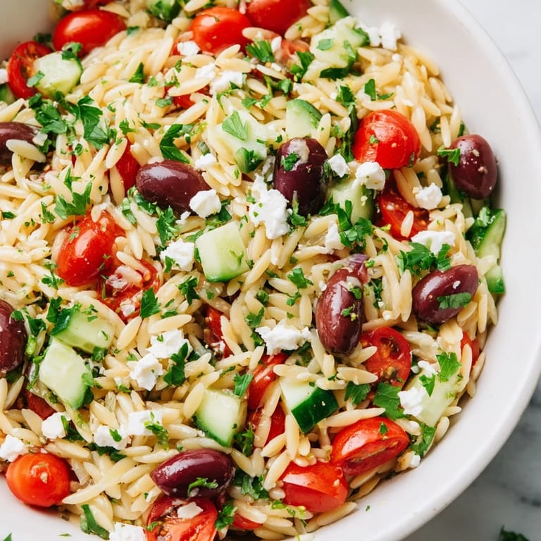 This easy Greek Orzo Salad features tender pasta, crisp veggies, and briny feta, perfect for a refreshing vegetarian side or potluck.