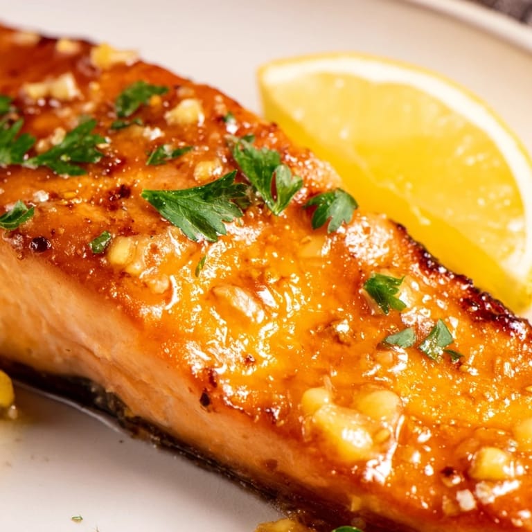 The caramelized honey garlic glazed salmon emerges from the oven, its buttery sheen and savory aromas perfect for a quick weeknight dinner.