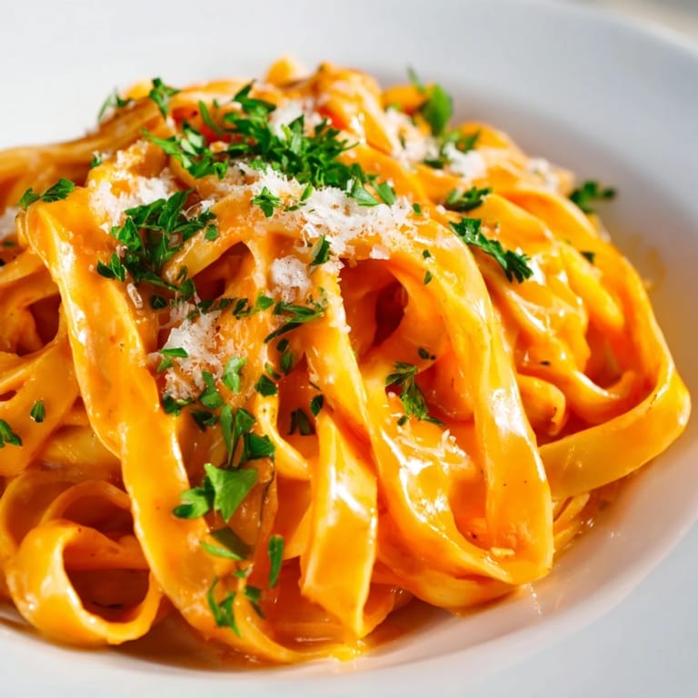 A close-up of Sriracha Honey Pasta with parmesan and red pepper flakes, highlighting its creamy, sticky texture.  