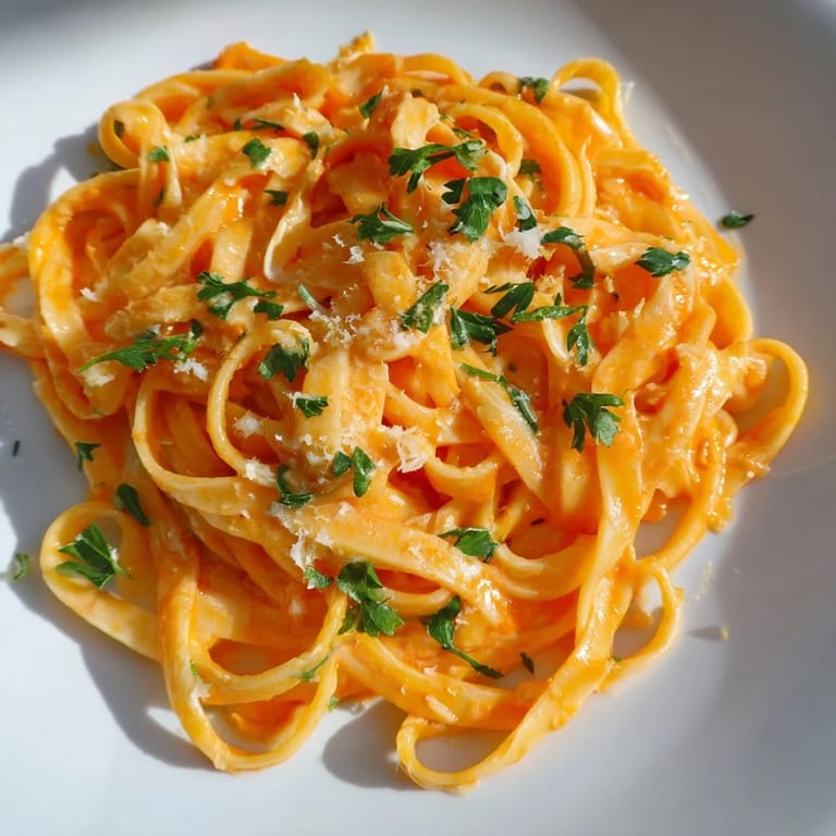 A skillet of Sriracha Honey Pasta with garlic butter sauce, ready to serve with a glass of white wine.