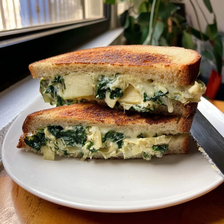 Two halves of a gourmet spinach artichoke grilled cheese, resting beside a bowl of warm tomato soup.