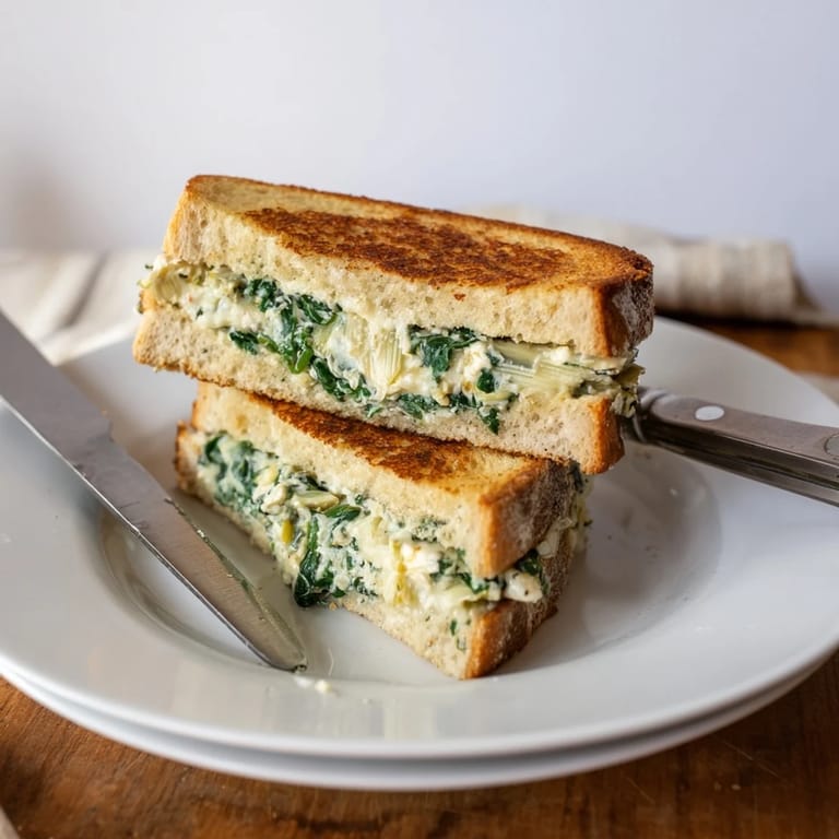 Freshly cooked spinach artichoke grilled cheese with melted mozzarella peeking out from crispy, buttery bread slices.
