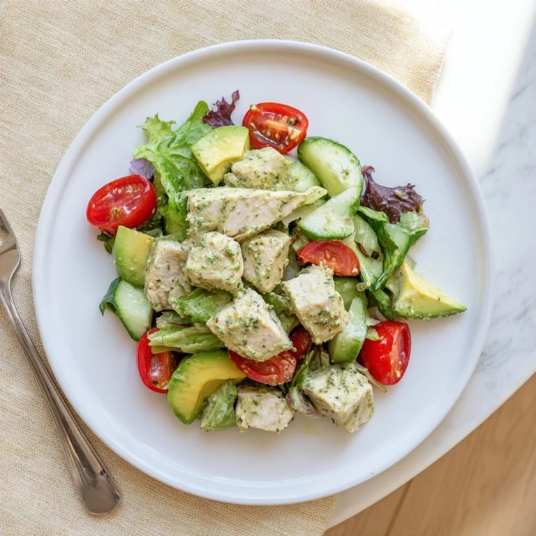 Spoon scooping up a hearty serving of Green Goddess Chicken Salad, showcasing juicy chicken and creamy dressing on a bed of greens.