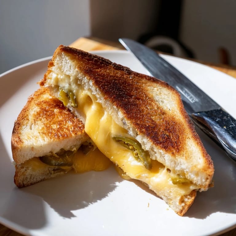 Freshly sliced Cheddar Jalapeño Grilled Cheese revealing gooey melted cheddar and pickled jalapeños between crispy, buttery bread.