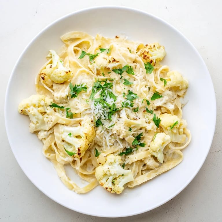 Golden roasted cauliflower blends into a silky garlic sauce over pasta, finished with nutmeg and fresh herbs.