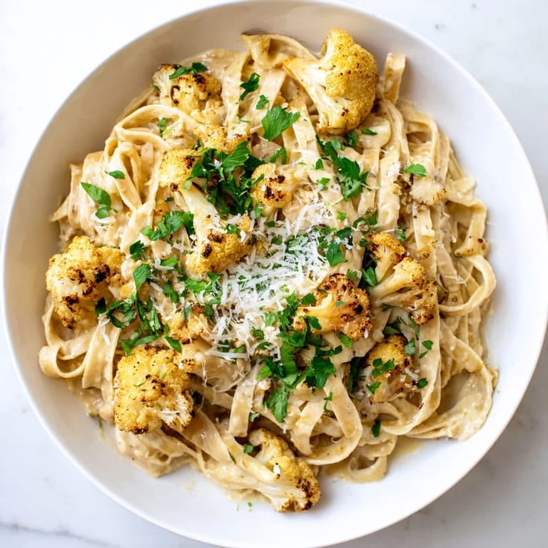 Steaming bowls of roasted cauliflower alfredo served with parsley, showcasing a velvety sauce coating every noodle.