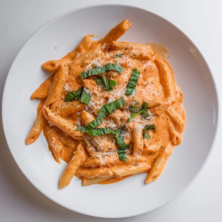 A skillet of creamy roasted red pepper pasta garnished with fresh basil and Parmesan.
