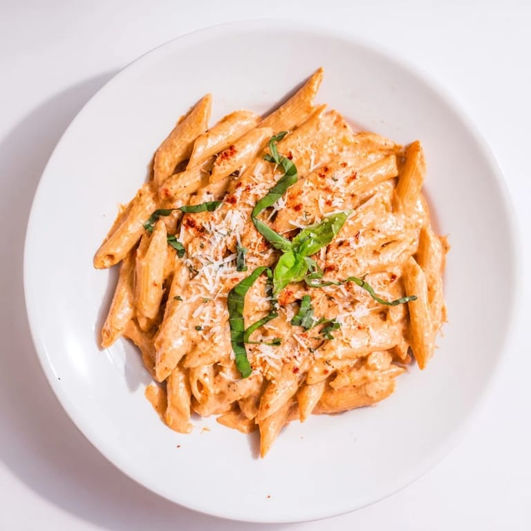 Close-up of velvety creamy roasted red pepper pasta sauce coating penne, served warm.