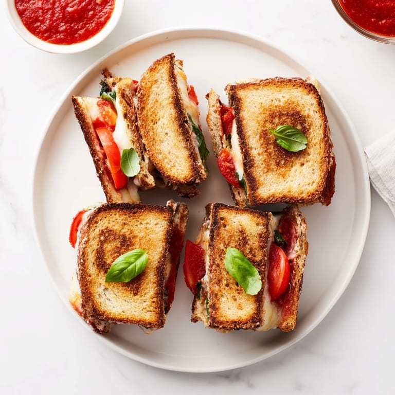 Caprese Grilled Cheese Dippers sit beside warm marinara on a rustic board for a savory snack.  