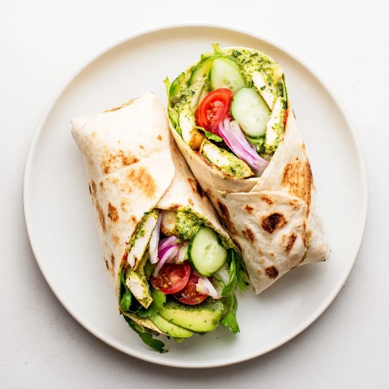 Freshly prepared Chimichurri Chicken Salad Wrap filled with juicy chicken, crisp veggies, and creamy avocado slices.
