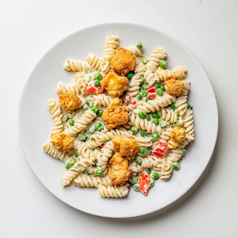 The finished Crispy Chicken Ranch Pasta Salad is tossed in creamy dill dressing, featuring crunchy chicken and vibrant vegetables. 