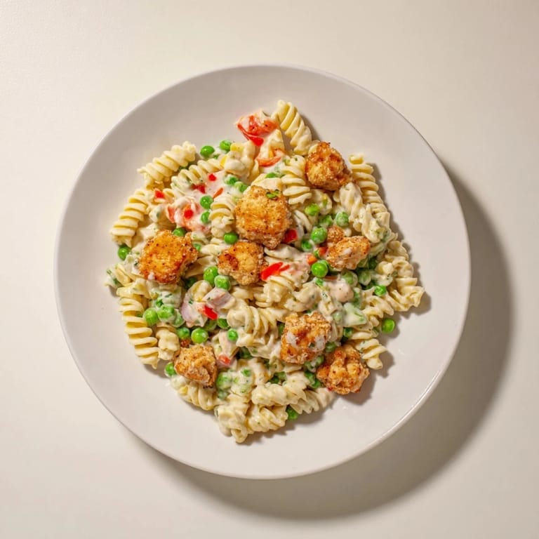 A close-up showcases the texture of Crispy Chicken Ranch Pasta Salad, with crispy chicken, pasta, and green onions.