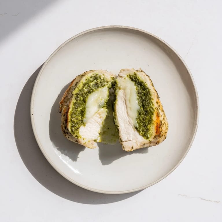 Overhead view of tender chicken breasts stuffed with creamy mozzarella and aromatic pesto, ready to be served to guests.