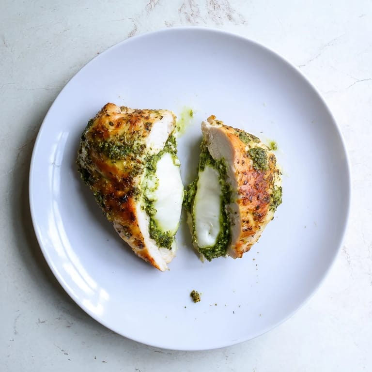 A plated serving of juicy Mozzarella & Pesto Stuffed Chicken alongside roasted cherry tomatoes and asparagus for a colorful dinner.