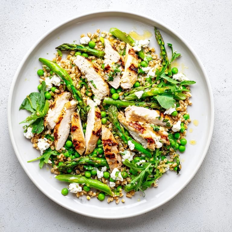 Vibrant green peas and crisp asparagus mingle with juicy chicken and nutty farro in this wholesome warm spring farro chicken salad, perfect for dinner.