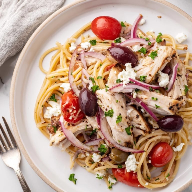Vibrant Greek Chicken Spaghetti with juicy grilled chicken, tomatoes, olives, and feta, ready to serve.