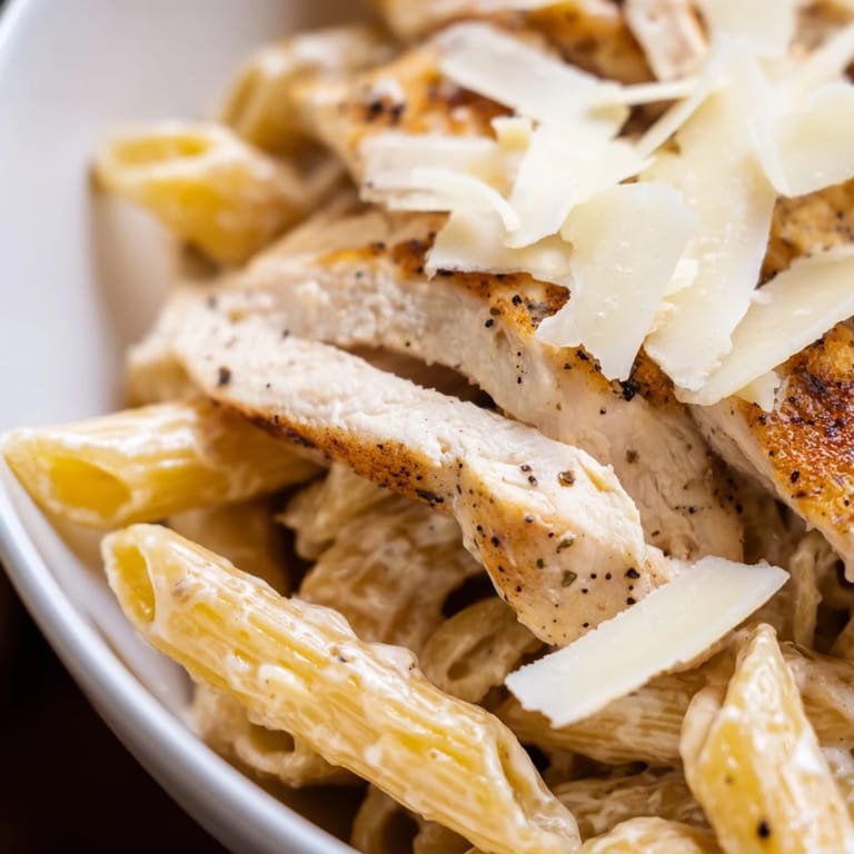 A generous bowl of Caesar Pasta Chicken Bowl showcases golden croutons, freshly grated cheese, and black pepper over the colorful salad-pasta mix.