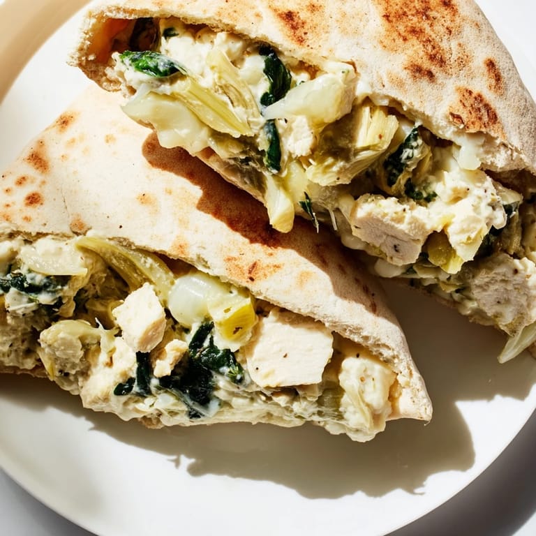 A close-up view reveals the bubbly, melted cheese and savory filling spilling from the warm, fluffed pita bread.  