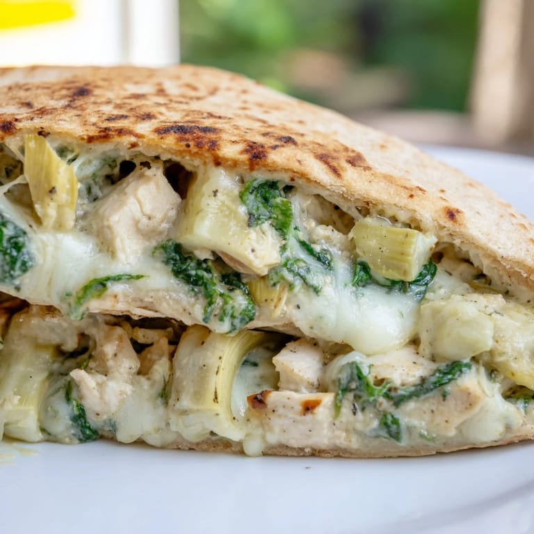 Plated Spinach Artichoke Chicken Stuffed Pita alongside a crisp green salad with lemon wedges for a Mediterranean lunch.