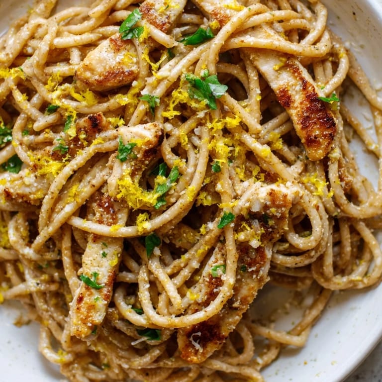 Freshly grated Parmesan and lemon wedges accompany this savory Brown Butter Lemon Chicken Pasta, showcasing tender chicken and glossy sauce.