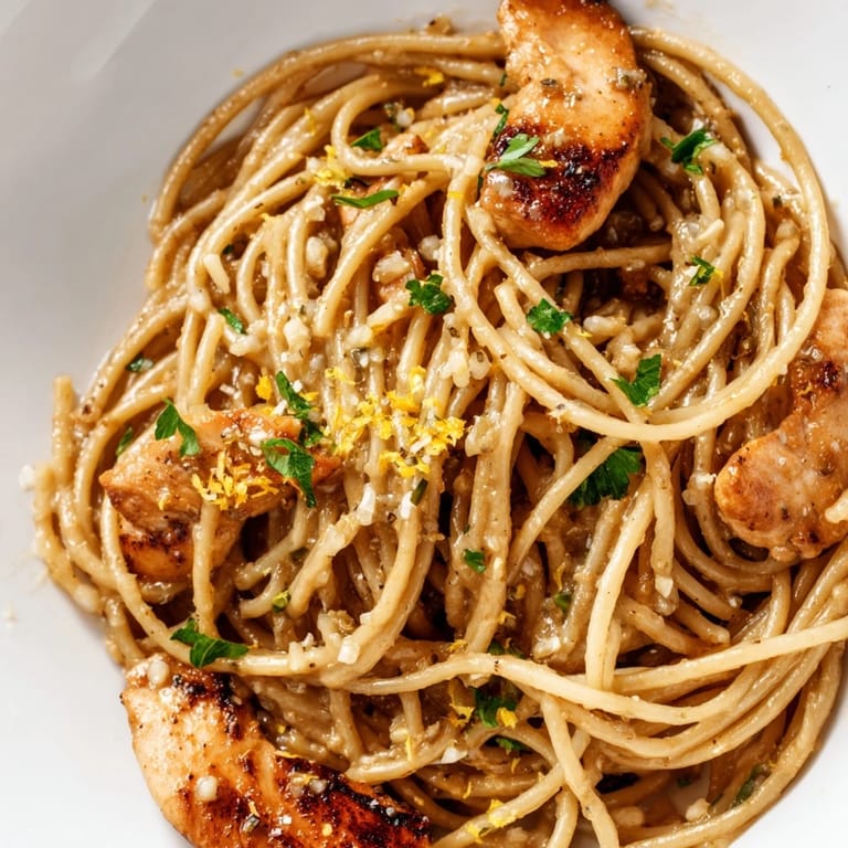 A close-up reveals al dente spaghetti coated in rich brown butter, bright lemon juice, and aromatic garlic.