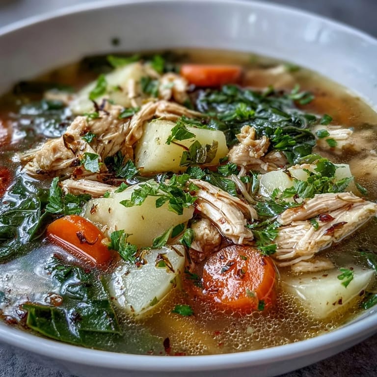 Close-up of Collard Greens, Chicken and Vegetable Soup featuring chopped collard greens, carrots, and potatoes in a savory broth.