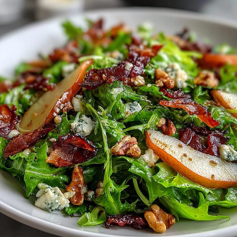 A vibrant plate of frisée salad featuring crispy prosciutto, toasted walnuts, and ripe pears ready to serve.