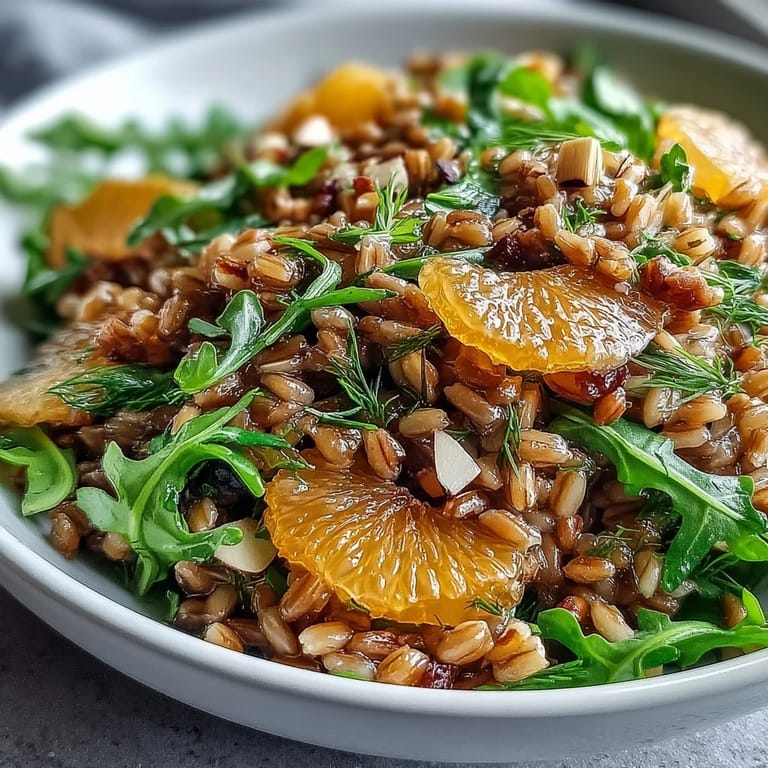 Freshly prepared Farro Salad with Fennel, Oranges, and Almonds tossed in a zesty vinaigrette and garnished with aromatic fennel fronds.