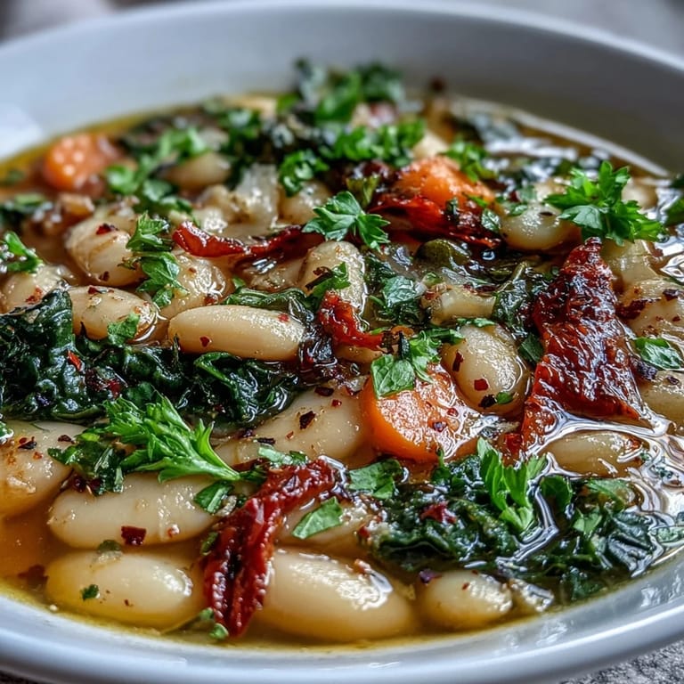 A rustic skillet of Mediterranean White Bean Stew garnished with fresh parsley and lemon wedges for a bright finish.  
