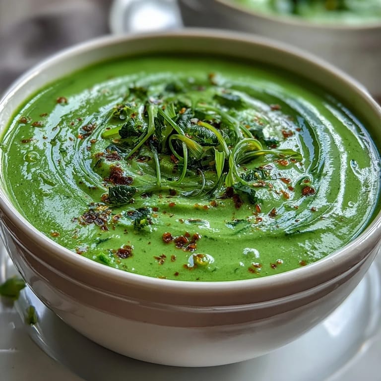 Creamy Spinach Coriander Lemongrass Soup steaming hot, garnished atop a bright white bowl.