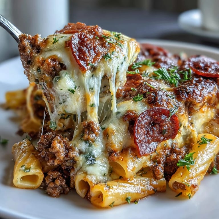 Golden baked High Protein Italian Beef and Pasta Bake topped with bubbly mozzarella and herbs.