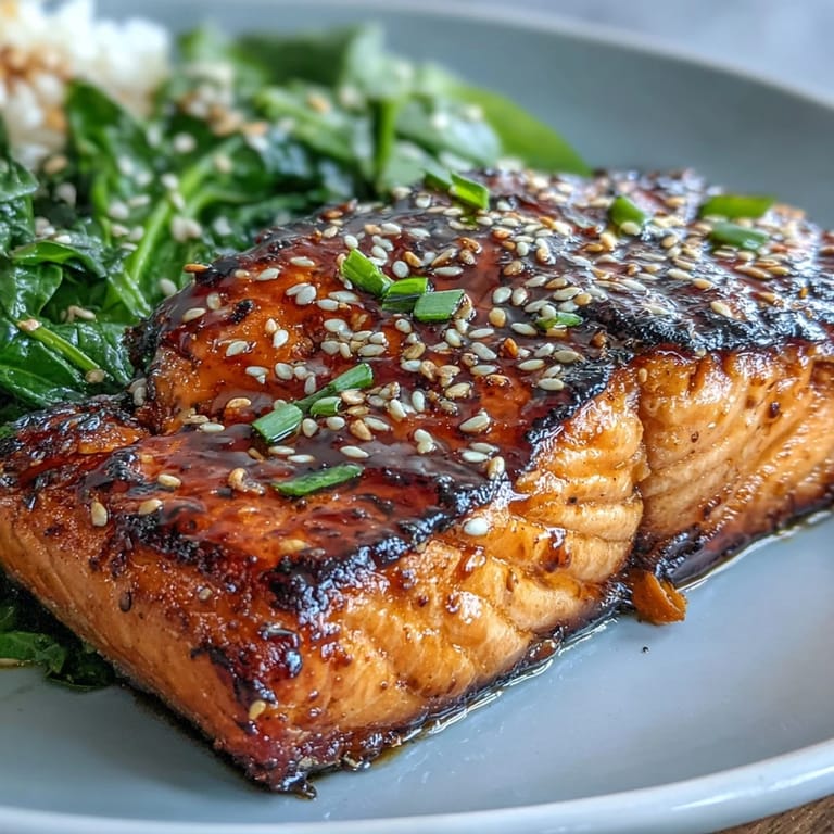 Glistening baked miso salmon resting on a bed of fresh, garlic sautéed spinach.