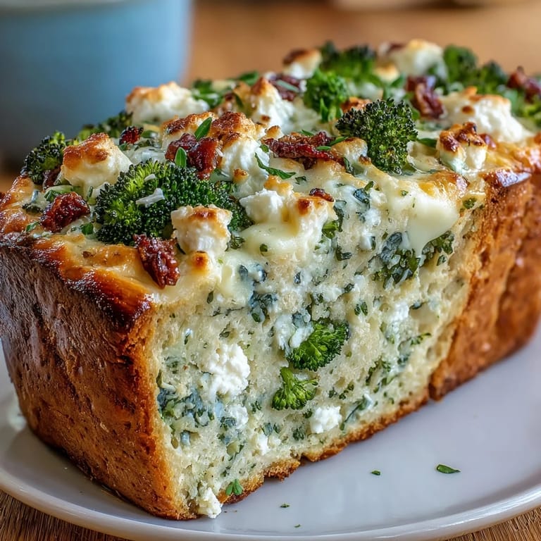 Tender Broccoli and Feta Loaf slice showing moist interior, perfect served warm.