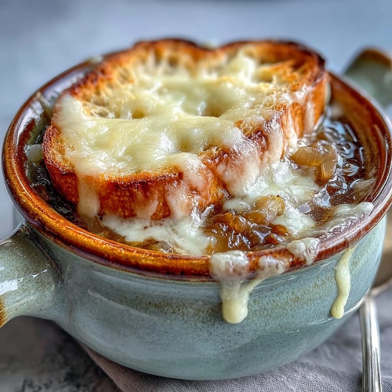 Hearty French Onion Soup with deeply caramelized onions and beef broth, finished with gratin-style cheese under the broiler.
