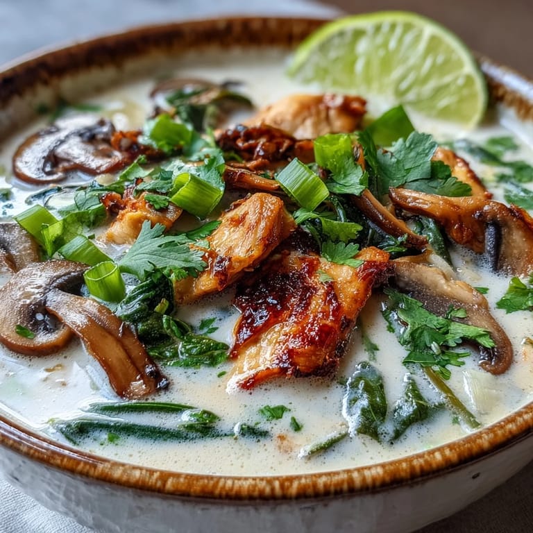 Rich and fragrant Authentic Tom Kha Gai Thai soup, with tender chicken thighs simmered in coconut milk and aromatic herbs.