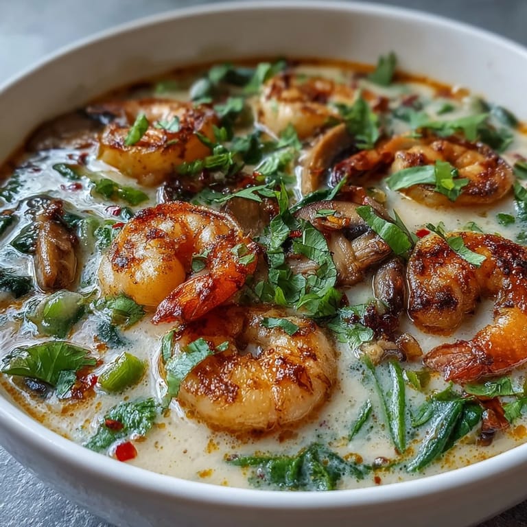 A steaming pot of Thai Coconut Shrimp Soup with mushrooms and red curry aroma.