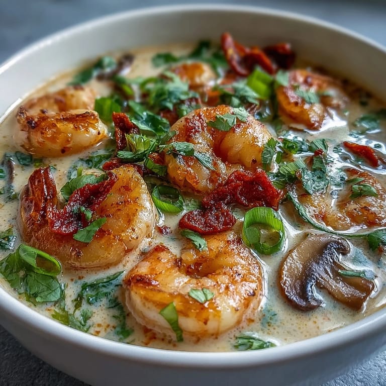 Spooning Thai Coconut Shrimp Soup over jasmine rice, garnished with fresh green onions.